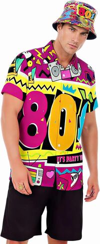 Hippie Costume Men 80s T-Shirt Retro 90s Bucket Hat Disco Outfit Button Up Blouse Tops Hawaiian Vintage Party Clothe in Saudi Arabia