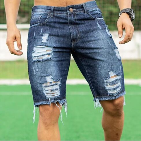 Men's Ripped Distressed Denim Shorts, Casual Slim Fit Frayed Hem Jean Shorts Streetwear Summer Destroyed Denim Shorts in Kuwait