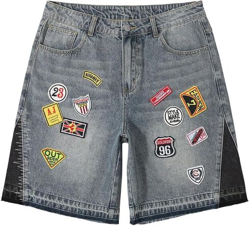 VIPWOLF Men's Vintage Graphic Jean Shorts Letter Patched Fringe Denim Bermuda Shorts Streetwear Jorts in Saudi Arabia