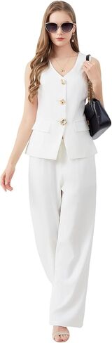 GRAN ORIENTE Vest and Pants Set Women,Sleeveless 2 Piece Blazer Tops Business Casual Outfit,Statement Buttons Pant Suits in Saudi Arabia