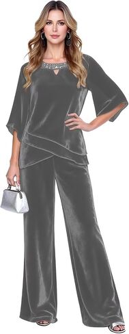 2 Piece Velvet Mother of The Bride Pant Suits for Women Half Sleeve Formal Wedding Set HX021 in Saudi Arabia