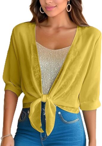 Sheer Cardigan for Women Summer Tie Front Half Sleeve Chiffon Shrug Bolero Lightweight Casual Plus Size Cardigans in Kuwait