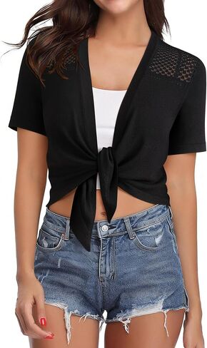 Women's Tie Front Shrug Short Sleeve Bolero Cardigan Lightweight Summer Casual Short Shawl Tops in Saudi Arabia