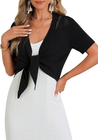 Women's Tie Front Shrug Short Sleeve Bolero Cardigan Lightweight Summer Casual Short Shawl Tops in Saudi Arabia