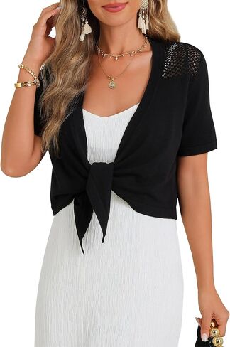 Women's Tie Front Shrug Short Sleeve Bolero Cardigan Lightweight Summer Casual Short Shawl Tops in Saudi Arabia