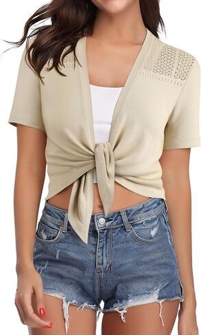 Women's Tie Front Shrug Short Sleeve Bolero Cardigan Lightweight Summer Casual Short Shawl Tops in Saudi Arabia