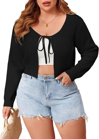 Women's Plus Size Cardigan Tie Front Cropped Long Sleeves Lightweight Shrug Sweater in Saudi Arabia
