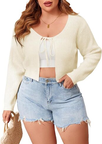 Women's Plus Size Cardigan Tie Front Cropped Long Sleeves Lightweight Shrug Sweater in Saudi Arabia