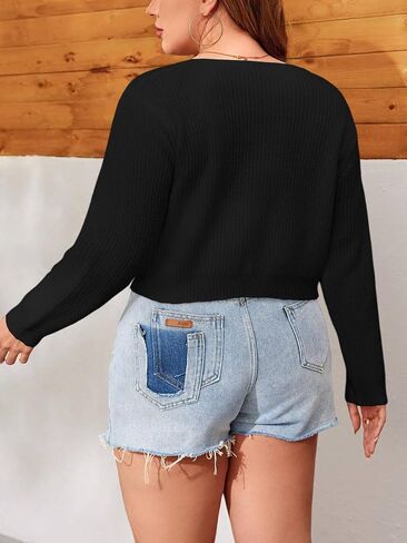 Women's Plus Size Cardigan Tie Front Cropped Long Sleeves Lightweight Shrug Sweater in Saudi Arabia