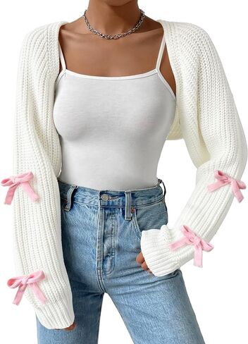 Women's Long Sleeve Open Front Knitted Crop Bow Cardigan Drop Shoulder Knit Bolero Shrug Sweater in Kuwait
