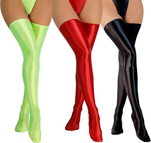 FEOYA Shiny Thigh High Stockings for Women Oil Glossy Stockings Opaque Long Stockings Over Knee Cosplay Socks in Kuwait