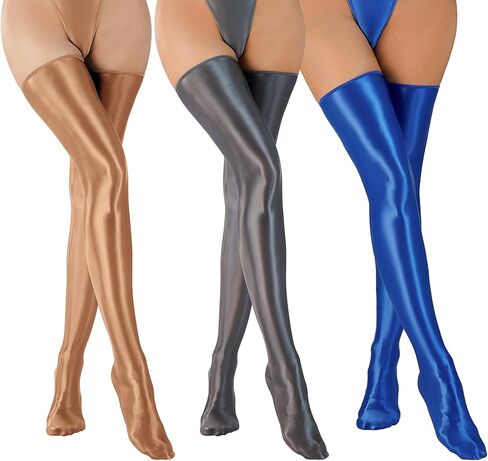 FEOYA Shiny Thigh High Stockings for Women Oil Glossy Stockings Opaque Long Stockings Over Knee Cosplay Socks in Kuwait