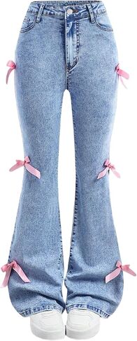 Girls Jeans Flare Bell Bottom Bow Jeans for Teens High Waist Cute Y2K Tween Denim Pants Stretch Trousers 7-16Y in Saudi Arabia