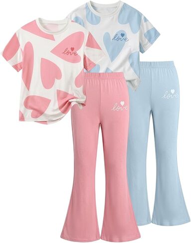 Girls Clothes Short Sleeve Shirt and Flare Pants Set Fashion Heart Print Summer Outfit Cute Casual Clothing For Kids in Saudi Arabia