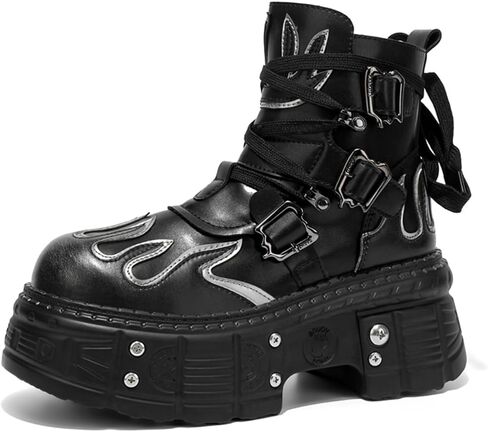 Men'S Black Leather Platform Motorcycle Ankle Boots With Flame Pattern Side Zipper & Adjustable Buckle Straps Edgy Punk Style Footwear For Casual And Special Occasions in Saudi Arabia