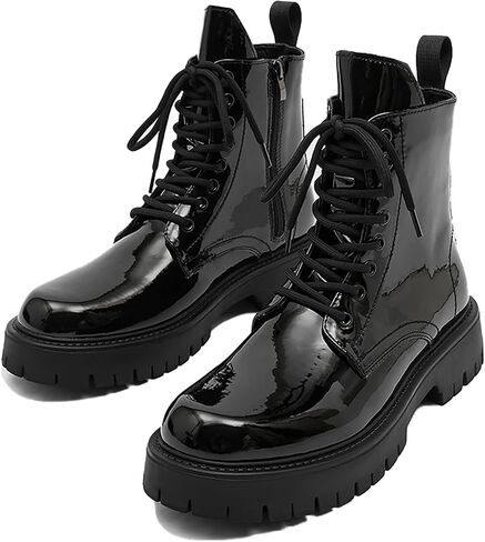 Men'S Black Patent Leather Platform Combat Boots Fashion Wide Toe Lace Up Side Zipper Sole Non-Slip High Top Motorcycle Boots Comfort Outdoor Casual Waterproof Chunky Heel Ankle Booties in Saudi Arabia