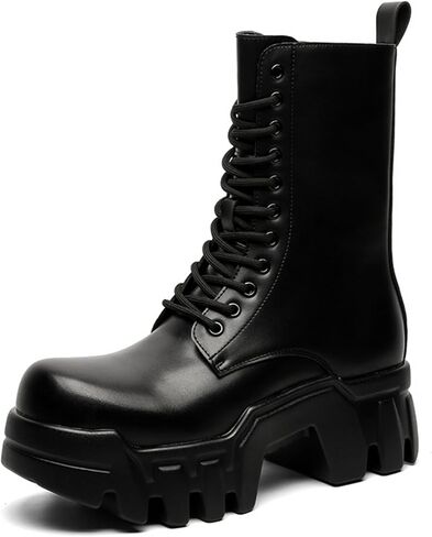 Chunky Sole Motorcycle Boots For Men & Women, Black Leather Mid-Calf Lace-Up With Boots With Side Zipper Rugged Retro Street Style Platform Boots in Saudi Arabia