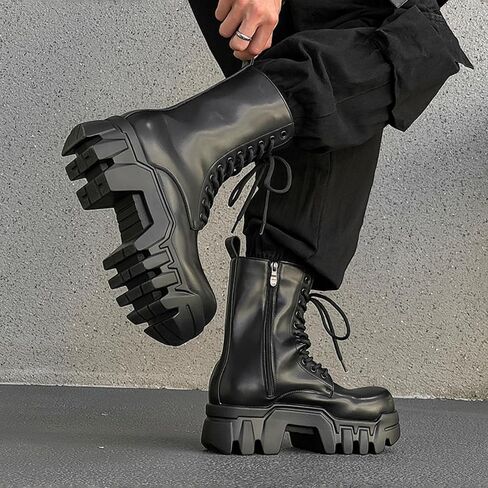 Chunky Sole Motorcycle Boots For Men & Women, Black Leather Mid-Calf Lace-Up With Boots With Side Zipper Rugged Retro Street Style Platform Boots in Kuwait