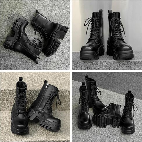 Chunky Sole Motorcycle Boots For Men & Women, Black Leather Mid-Calf Lace-Up With Boots With Side Zipper Rugged Retro Street Style Platform Boots in Kuwait