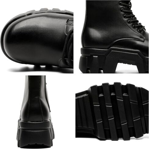 Chunky Sole Motorcycle Boots For Men & Women, Black Leather Mid-Calf Lace-Up With Boots With Side Zipper Rugged Retro Street Style Platform Boots in Kuwait