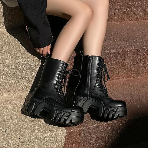 Chunky Sole Motorcycle Boots For Men & Women, Black Leather Mid-Calf Lace-Up With Boots With Side Zipper Rugged Retro Street Style Platform Boots in Kuwait
