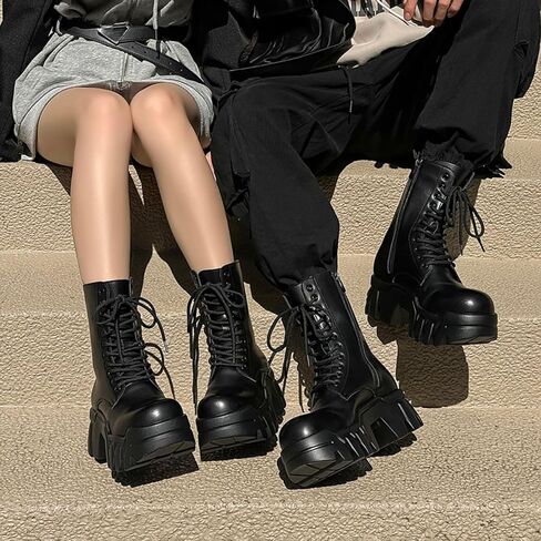 Chunky Sole Motorcycle Boots For Men & Women, Black Leather Mid-Calf Lace-Up With Boots With Side Zipper Rugged Retro Street Style Platform Boots in Kuwait