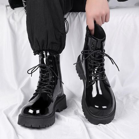 Men's Patent Leather Round Toe Platform Ankle Boots Lace Up Fashion Comfortable Non-Slip Lug Sole Combat Booties For Wedding Formal Business Office Daily Wear in Kuwait