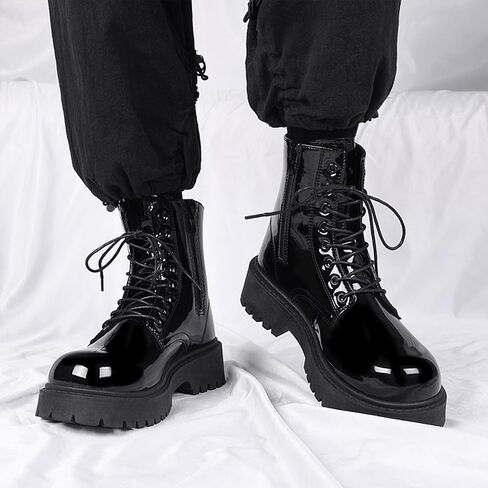 Men's Patent Leather Round Toe Platform Ankle Boots Lace Up Fashion Comfortable Non-Slip Lug Sole Combat Booties For Wedding Formal Business Office Daily Wear in Kuwait