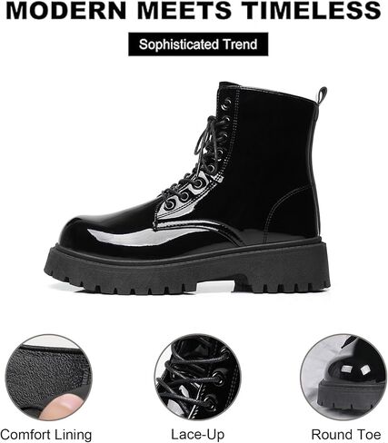 Men's Patent Leather Round Toe Platform Ankle Boots Lace Up Fashion Comfortable Non-Slip Lug Sole Combat Booties For Wedding Formal Business Office Daily Wear in Kuwait