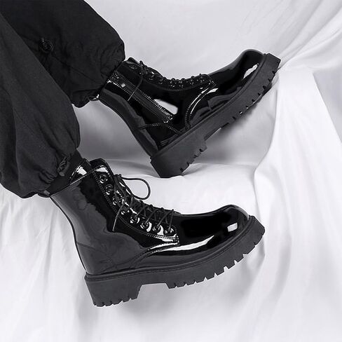 Men's Patent Leather Round Toe Platform Ankle Boots Lace Up Fashion Comfortable Non-Slip Lug Sole Combat Booties For Wedding Formal Business Office Daily Wear in Kuwait