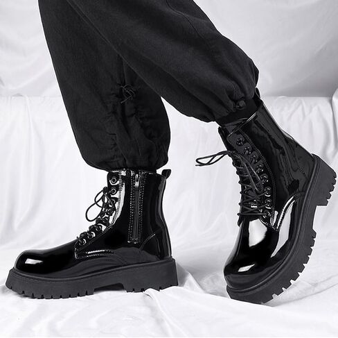 Men's Patent Leather Round Toe Platform Ankle Boots Lace Up Fashion Comfortable Non-Slip Lug Sole Combat Booties For Wedding Formal Business Office Daily Wear in Kuwait