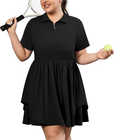 Womens Plus Size Tennis Dress with Shorts 1/4 Zip Up Short Sleeve Double Layered Hem Athletic Dress Golf Apparel in Saudi Arabia