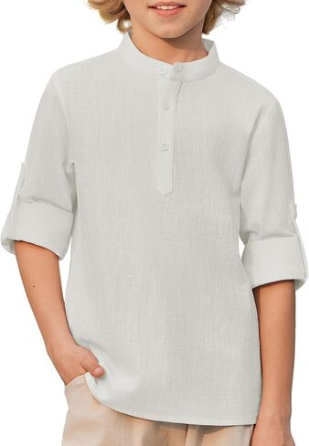 Arshiner Boys Linen Henley Cotton Shirt Button Up Short Sleeve Beach Tee Casual Tops Size 4-12 Years in Kuwait