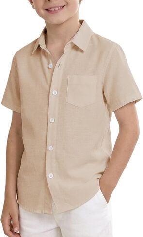 Boys' Cotton Linen Shirts Short Sleeve Casual Button Down Shirts Beach Summer Wear in Kuwait