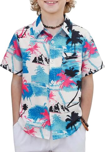Boys Hawaiian Shirt Tropical Short Sleeve Button Down Shirt Summer Floral Beach Shirts with Pocket for 4-14 Years in Kuwait