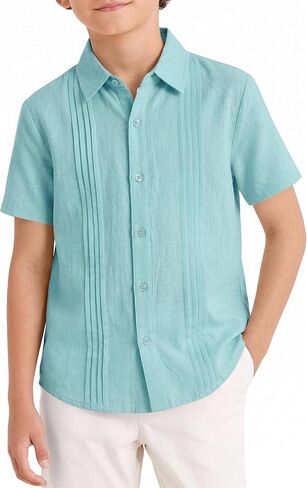 Boys Button Down Shirt Casual Summer Short Sleeve Shirt Spread Collar Solid Tops Kid Casual Blouse in Kuwait