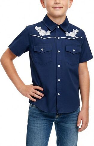 Yesfashion Boys Western Embroidered Short Sleeve Button Down Shirt with Collar and Chest Pockets 4-13Y in Kuwait