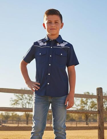 Yesfashion Boys Western Embroidered Short Sleeve Button Down Shirt with Collar and Chest Pockets 4-13Y in Kuwait