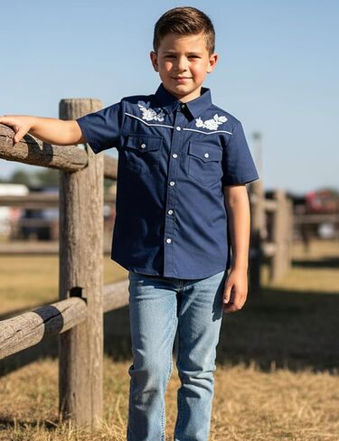 Yesfashion Boys Western Embroidered Short Sleeve Button Down Shirt with Collar and Chest Pockets 4-13Y in Kuwait