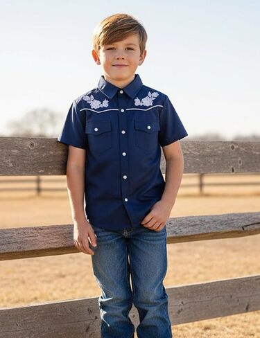 Yesfashion Boys Western Embroidered Short Sleeve Button Down Shirt with Collar and Chest Pockets 4-13Y in Kuwait