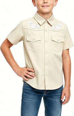 Yesfashion Boys Western Embroidered Short Sleeve Button Down Shirt with Collar and Chest Pockets 4-13Y in Kuwait