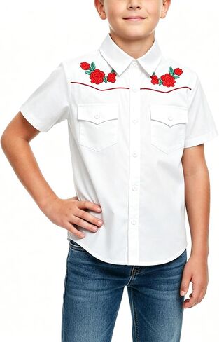 Yesfashion Boys Western Embroidered Short Sleeve Button Down Shirt with Collar and Chest Pockets 4-13Y in Kuwait