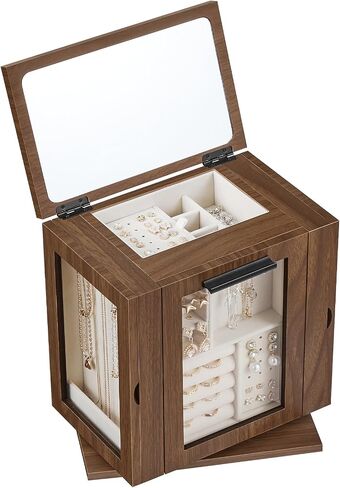 HOOBRO 360° Rotating Jewelry Box with Mirror, Jewelry Organizer with 4 Drawers, 3 Transparent Acrylic Doors, Wooden Jewelry Storage Box for Necklaces, Rings, Bracelets, Earrings, Walnut BH31JB04 in Kuwait