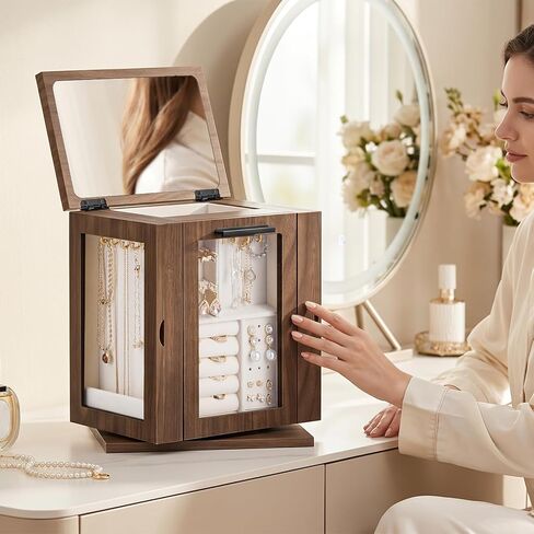 HOOBRO 360° Rotating Jewelry Box with Mirror, Jewelry Organizer with 4 Drawers, 3 Transparent Acrylic Doors, Wooden Jewelry Storage Box for Necklaces, Rings, Bracelets, Earrings, Walnut BH31JB04 in Kuwait