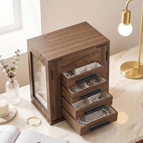 HOOBRO 360° Rotating Jewelry Box with Mirror, Jewelry Organizer with 4 Drawers, 3 Transparent Acrylic Doors, Wooden Jewelry Storage Box for Necklaces, Rings, Bracelets, Earrings, Walnut BH31JB04 in Kuwait