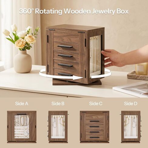 HOOBRO 360° Rotating Jewelry Box with Mirror, Jewelry Organizer with 4 Drawers, 3 Transparent Acrylic Doors, Wooden Jewelry Storage Box for Necklaces, Rings, Bracelets, Earrings, Walnut BH31JB04 in Kuwait