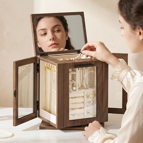 HOOBRO 360° Rotating Jewelry Box with Mirror, Jewelry Organizer with 4 Drawers, 3 Transparent Acrylic Doors, Wooden Jewelry Storage Box for Necklaces, Rings, Bracelets, Earrings, Walnut BH31JB04 in Kuwait