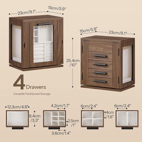 HOOBRO 360° Rotating Jewelry Box with Mirror, Jewelry Organizer with 4 Drawers, 3 Transparent Acrylic Doors, Wooden Jewelry Storage Box for Necklaces, Rings, Bracelets, Earrings, Walnut BH31JB04 in Kuwait