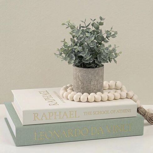 3-Piece Decorative Books for Home Decor with Wood Bead Garland - Stackable Linen Faux Book Box for Coffee Table Styling, Real Fabric Cover Fake Books with Tassel as Display Riser for Shelf in Saudi Arabia