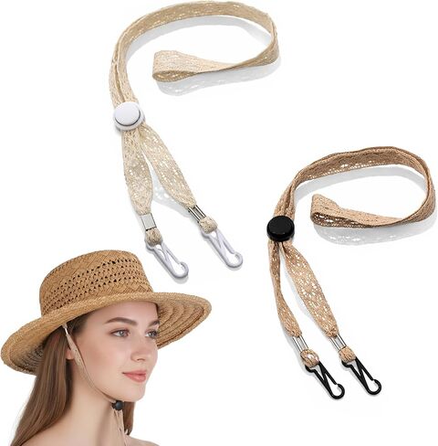 2PCS Adjustable Hat Strap Clips, Sun Hats Chin Strap, Adjustable Wide Lace Chin Cord for Boonie, Fishing-Hat, Beach-Hat, Windproof Keeper String for Golfing, Fishing, Boating, Sailing (Beige, Khaki) in Kuwait